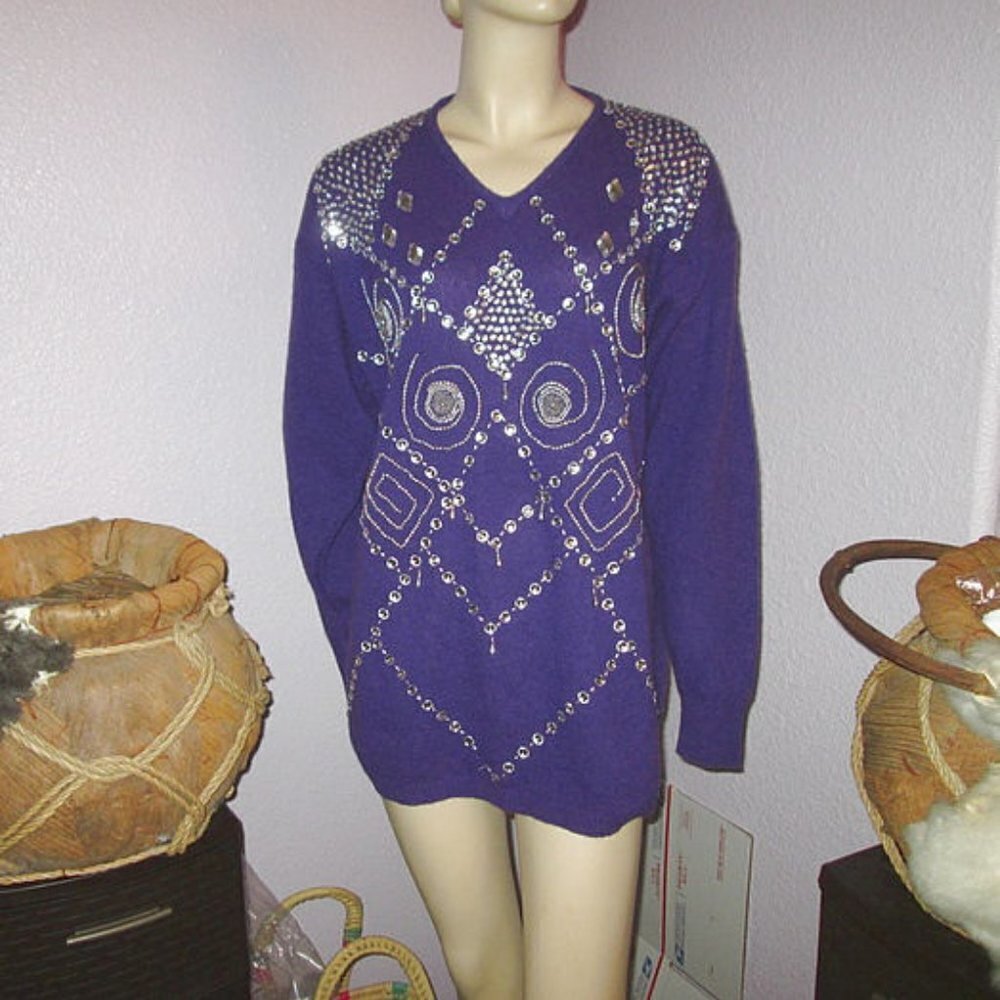 Vtg Shannan Beaded Sweater Size M Angora Wool Knit Sequin Bling Old Money 80s